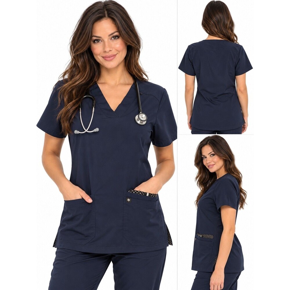 Beyond Scrubs Women’s Scrub Top Medium Navy Blue V-Neck Stretch Nursing Set